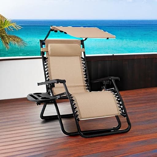 Best Choice Products Folding Zero Gravity Outdoor Recliner Patio Lounge Chair w/Adjustable Canopy Shade, Headrest, Side Accessory Tray, Textilene Mesh - Beige