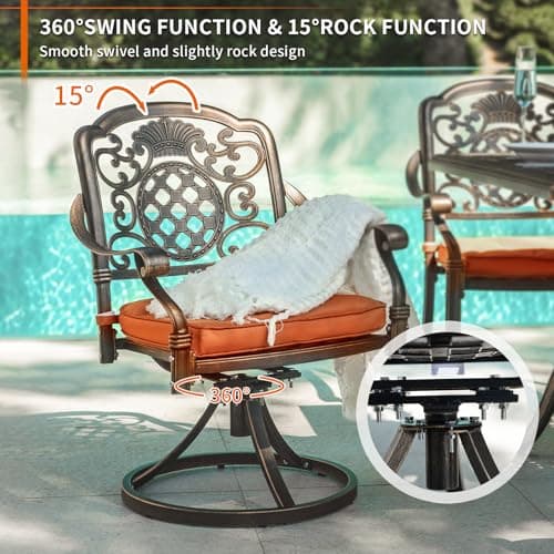 7-Piece Patio Furniture Dining Set, All-Weather Cast Aluminum Outdoor Table and Chairs for 6, Includes 4 Fixed Chairs & 2 Swivel Chair & 60’’ Rectangular Dining Table, Red