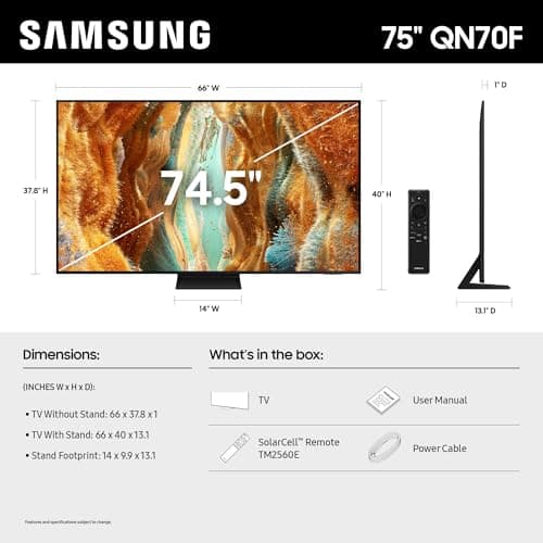 SAMSUNG 75-Inch Class Neo QLED QN70F 4K Mini LED Smart TV (2025 Model) NQ4 AI Gen2 Processor, Quantum Matrix Technology Slim, Motion Xcelerator 144Hz, Samsung Vision AI, Alexa Built-in