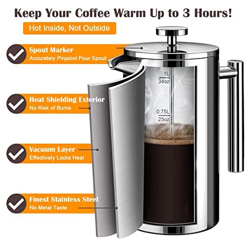 French Press Coffee Maker, Double Insulated 304 Stainless Steel Coffee Tea Maker 4 Level Filtration System, No Coffee Grounds, Rust-Free, Dishwasher Safe, 1000ml