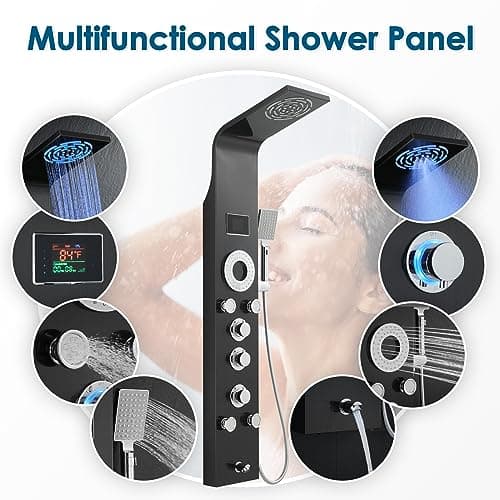 ROVOGO Shower Panel Tower System with Rainfall Mist Shower Head, Body Jets, Handheld and Tub Spout, Led Lights and Temp Display No Battery Needed, Unibody Shower Column 304 Stainless Steel Black