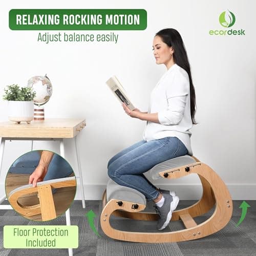 Ergonomic Kneeling Chair, Adjustable Seat - Office Chair for Desk, Posture Corrector, Premium Comfort Cushion, Wooden Rocking Knee Chair (Grey)