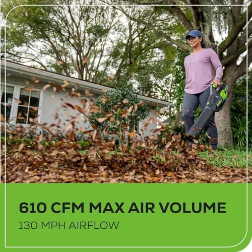 Greenworks 60V (610 CFM / 130 MPH) Cordless Leaf Blower, High Power, Lightweight & Quiet Operation for Wet Leaves, Driveways and Dense Gravel, Includes 2.5Ah Battery & 5A Rapid Charger