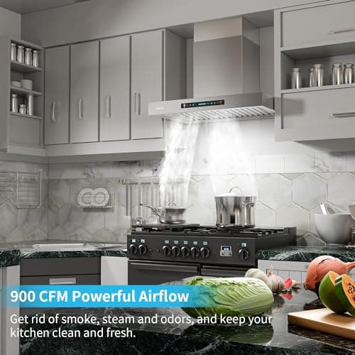 IKTCH 36-Inch Wall Mount Range Hood, 900 CFM Ducted Vent Hood with 4-Speed Fan, Gesture Sensing & Touch Control, Stainless Steel Kitchen Chimney Vent with Adjustable LED Lights