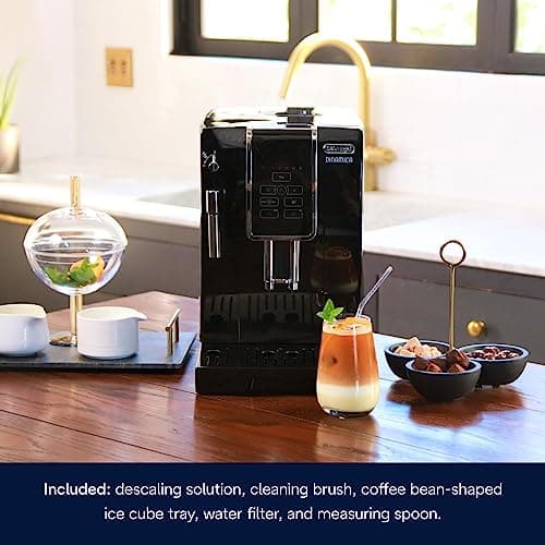 De'Longhi Dinamica Espresso Machine, Black - Automatic Bean-to-Cup Brewing, Built-In Steel Burr Grinder & Manual Frother - One-Touch Hot & Iced Coffee - Easy Cleanup