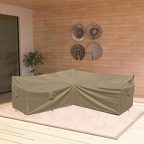 Heavy Duty Outdoor Sectional Sofa Cover, 85"X85" V-Shaped 5-Seater Waterproof 600D Patio Sectional Couch Cover, Lawn Patio Furniture Cover,Desert Khaki