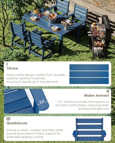 GREENVINES 7-Piece Outdoor Dining Set | HDPE | Patio Table and Chairs Sets for 6 | Patio Furniture | All Weather | Umbrella Hole | Blue| for Backyard Poolside Garden