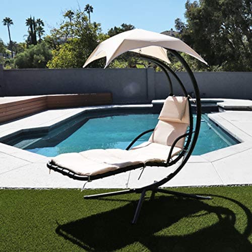 Patio Hanging Chaise Outdoor Lounger Padded Cushion Swing Hammock Chair w/Sun Shade Canopy Umbrella Stand [Beige]
