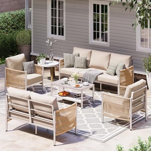 Aluminum Outdoor Patio Furniture Set, HDPE Rope 5 Piece Modern Sectional Conversation Sets with Dual-Layer Coffee Table, All Weather Patio Couch Sofa with Thick Cushions, Silver Frame, Beige