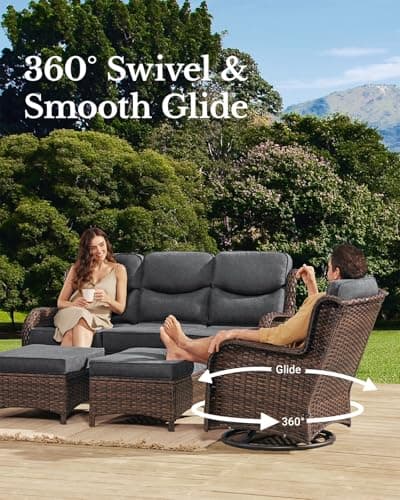 HILLGA Luxury Patio Furniture Set with 6-inch Thick Cushion, Outdoor Couch and High Back Swivel Rocker Patio Chairs, 7PCS Wicker Conversation Set for Deck Yard and Poolside, Dark Grey (V2)