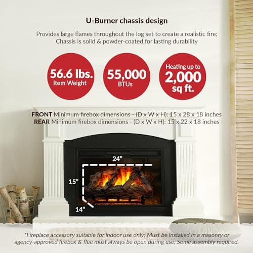 HearthSense MO24HVL Natural Gas Vented Fireplace Logs Set with Match Light, 55000 BTU, Heats up to 2000 Sq. Ft, Mountain Oak, 24 Inches