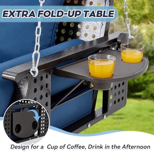 3 Seat Porch Swing, Patio Swing Bench with Cup Holders & 3 Back Cushions, Swing Chair with Chains for Deck Garden Backyard,Blue