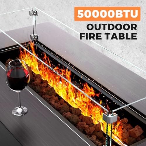 42” Rectangular Fire Pit Tables 2-Piece 50,000 BTU Outdoor Propane Gas Fire Pit with Wind Guard, Waterproof Cover, Lava Rocks for Outside Patio Backyard