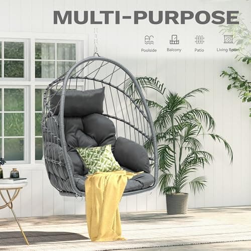 DWVO Egg Chair Without Stand, Basket Chair Hanging Outdoor Rattan Wicker Patio Hammock Indoor Egg Chair with Cushion, Hanging Swing Chair 350lbs for Porch, Garden, Bedroom, Balcony, Gray
