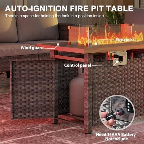 Fire Pit Table with Wind Guard for Outdoor, Auto-Ignition Propane Gas Firepits Rattan Rectangular Table for Outside Patio 60,000 BTU, Gray