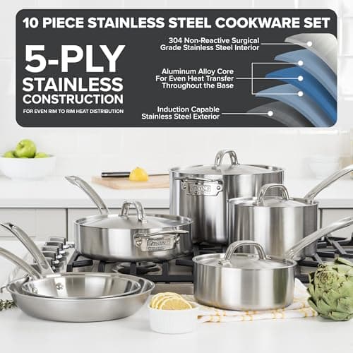 Viking 5-Ply Pots and Pans Set, 10 Piece Stainless Steel Kitchen Cookware, Silver