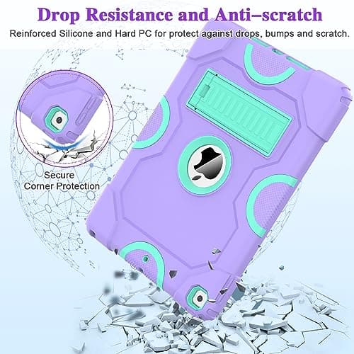 for iPad 9th Generation Case, iPad 8th 7th Generation Case, iPad 10.2 Inch 2021/2020/2019 Case, Heavy Duty Rugged Shockproof Protective Cover with Kickstand for Kids Boys Girls Purple/Green