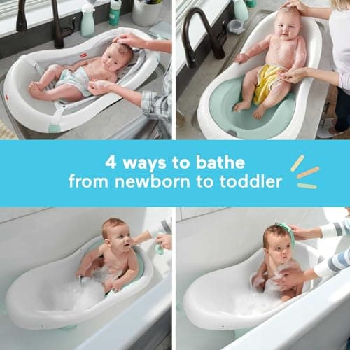 Fisher-Price Baby to Toddler Bath 4-in-1 Sling ‘n Seat Tub with Removable Infant Support and 2 Toys, Climbing Leaves