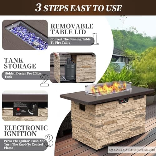 43" Propane Fire Pit Table Outdoor Stone Firepit Table Rectangular 50000 BTU Propane Fire Tables for Outside Patio with Wind Guard, Table Lid, Fire Beads, Cover,Pizzello Caldo (Buff)
