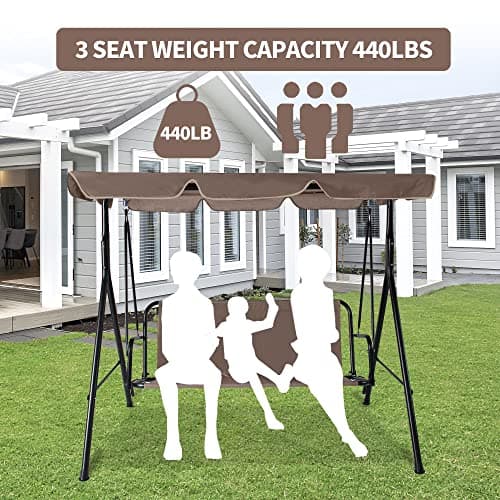 3-Seat Patio Swing Chair, Outdoor Porch Swing with Adjustable Canopy and Durable Steel Frame for Patio, Garden, Poolside(Brown)