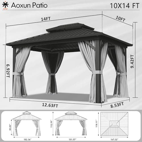 Aoxun 10' X 14' Hardtop Gazebo, Aluminum Metal Outdoor Gazebo with Galvanized Steel Double Roof, Permanent Patio Pavilion with Breathable Netting and Curtains for Dining, Wedding, Party
