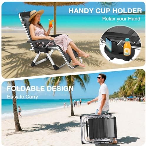 Suteck Zero Gravity Chair, Reclining Camping Lounge Chair w/Removable Cushion, Upgraded Lock and Cup Holder, Reclining Patio Chairs Folding Recliner for Indoor and Outdoor