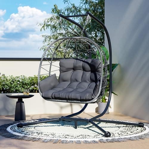 Pamapic Double Egg Chair wth Stand, 700 LBS Loveseat Rattan Swing Chair, UV Resistant Cushions with Armrests and Headrest, Thick Steel Frame Hammock Swing for Outdoor, Patio, Indoor(Grey)