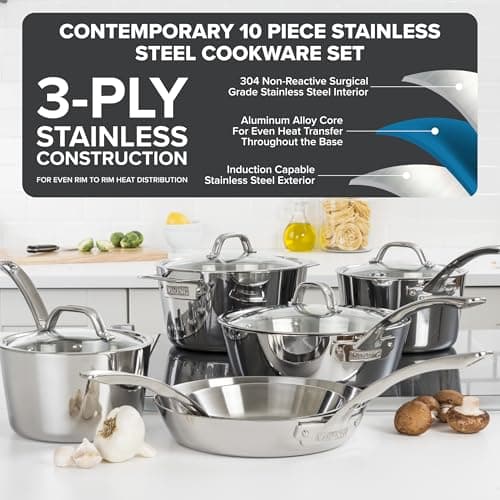 Viking Contemporary 3-Ply Stainless Steel 10 Piece Stainless Steel Kitchen Cookware, Silver