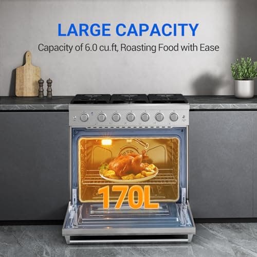 AAOBOSI 36 Inch Front Control Gas Range Oven with 6 Cooktop Burners, 6 Cu. Ft True Convection and Self Clean, Freestanding Stainless Steel Heavy Duty Gas Range Stove with Halogen Light,Large Capacity