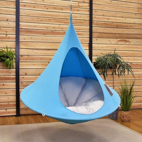 Single Cacoon Hanging Chair – Cozy Indoor/Outdoor Hammock with Polyester Canvas, 440 lb Capacity, Includes 18ft Rope & Carabiner (Turquoise)