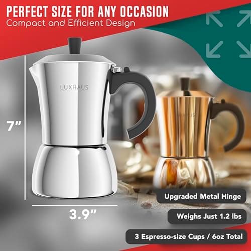 LuxHaus Moka Pot - 3 Cup Stovetop Espresso Maker - 100% Stainless Steel Italian and Cuban Mocha Coffee Maker