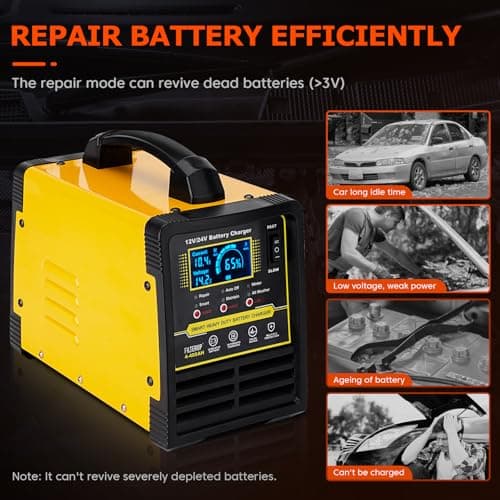 12V 24V Lead-Acid Battery Charger Heavy Duty, 0-15A Smart Automatic Battery Maintainer, Trickle Charger with Repair, Auto Off, Winter Summer Mode, for Car Truck Boat Motorcycle RV Lawn Mower (Yellow)
