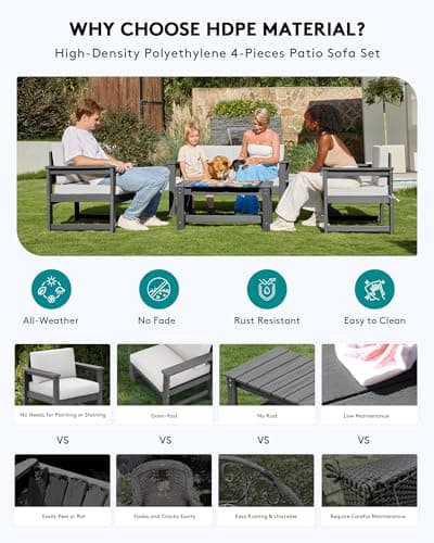SERWALL 5 Pieces HDPE Outdoor Sofa Set with Cushions, All Weather Use Patio Conversation Couch Loveseat Furniture with Coffee Table for Balcony, Deck, Poolside, Grey Frame with Khaki Cushions