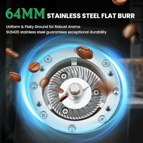 Huanyu Commercial Coffee Grinder with 64mm Flat Burr Anti-Flying Grounds Outlet 26oz Lotus Hopper 8 Stepless Settings Electric Coffee Grinders with Smart Touchscreen for Cafés Restaurants