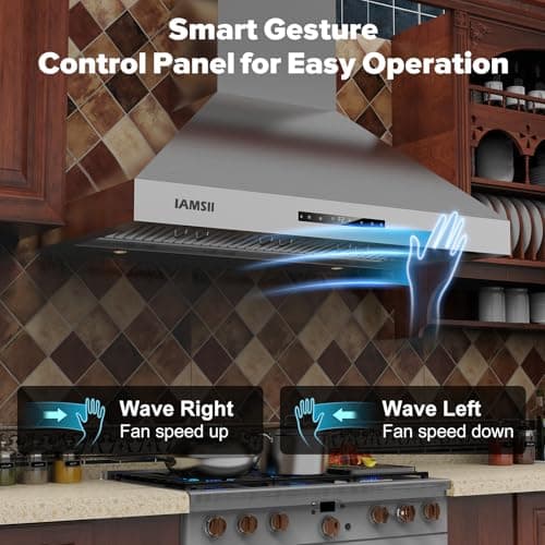 Wall Mount Range Hood 48 inch, 1200 CFM Kitchen Vent Hood, Stainless Steel Filters,4 Speed Gesture Sensing&Touch Control Panel, Stainless Steel Kitchen Vent