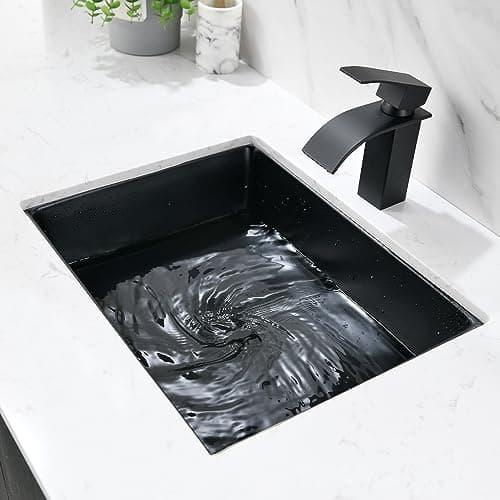 Undermount Bathroom Sink Rectangle, 20"x15" Black Bathroom Vessel Sink Porcelain Ceramic Modern Art Lavatory Vanity Under Counter Basin with Overflow