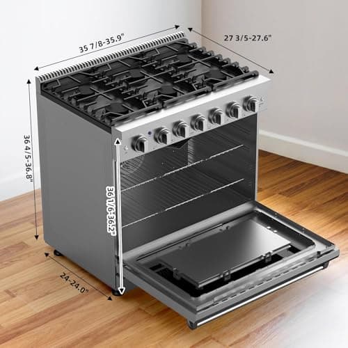 36 Inch Freestanding Dual Fuel Range Oven Stove, 6.0 Cu. Ft True Convection and Self Clean, Cooktop 6 Sealed Gas Burners, Stainless Steel
