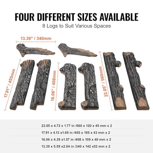 VEVOR 8 Pcs Oak Logs, Gas Fireplace Ceramic Logs for Fire Place, Heat-Resistant Wood Log Gas Realistic Logs, Stackable Wood Branches for Gas Fireplace, Firebowl Indoor or Outdoor