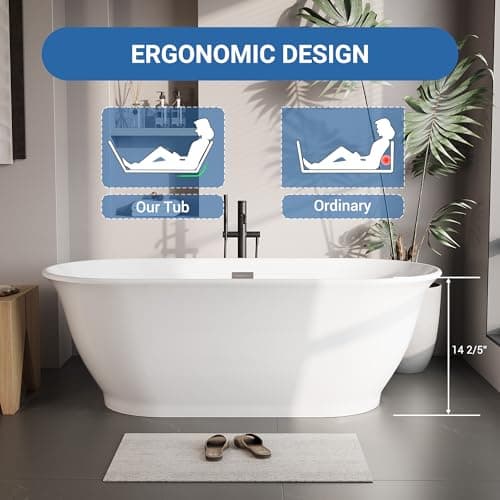 67 Inch Acrylic Freestanding Bathtub, Luxury Oval Soaking Tub, Modern Stand Alone Bath In White, with Chrome Drain, Overflow, Deep Soak Freestanding Tub for Bathroom