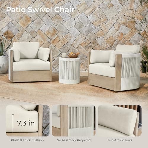 CHITA 3 Pieces Boho Patio Rattan Bistro Set, Outdoor Wicker Furniture Swivel Chairs & Side Table Set with 2 Arm Pillows, Acacia Wood Frame, Fully Assembled(Cream)