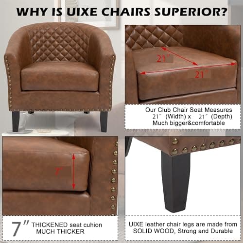 UIXE Faux Leather Accent Chairs Set of 2, Barrel Club Chair Modern Upholstered Armchair for Living Room, Comfy Nailed Trim Arm Chair Bedroom Reading Seat, Brown