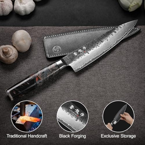 Japanese Chef Knife, 8 Inch Damascus Kitchen Knife with VG10 Steel Core, Professional Black Forged Kitchen Knives with Ergonomic Handle, Leather Sheath & Luxury Gift Box, Birthday Gifts for Men Women