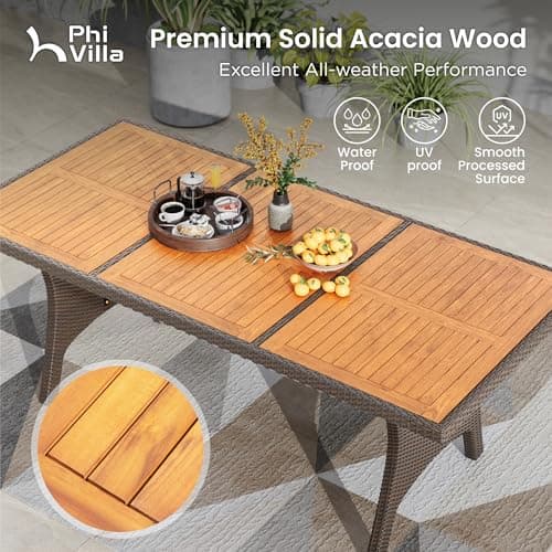 PHI VILLA Outdoor Dining Table for 6/8, 74" Rectangle Wicker Table with Acacia Wood Top & Storage Panel, Large Farmhouse Modern Furniture for Patio, Deck, Backyard, Porch