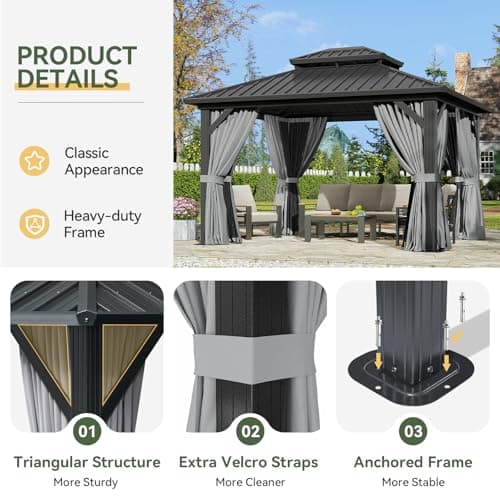 Aoxun 12'x10' Hardtop Gazebo with Light, Aluminum Frame Permanent Pavilion with Curtains and Netting, Outdoor Galvanized Double Roof Canopy, Designed for Garden, Lawns, Patio
