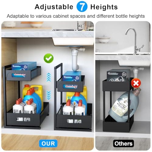 Under Sink Organizer Pull Out Cabinet Organizer Adjustable Height 2 Tier with Sliding Drawers Kitchen Bathroom Organizer and Storage(1pc)