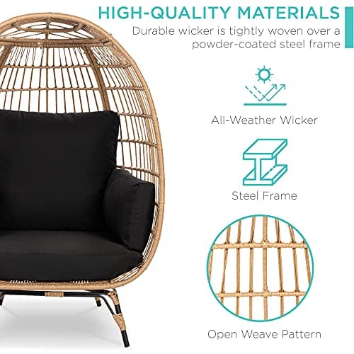 Best Choice Products Wicker Egg Chair, Oversized Indoor Outdoor Lounger for Patio, Backyard, Living Room w/ 4 Cushions, Steel Frame, 440lb Capacity - Black