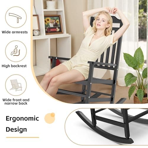 Patio Rocking Chair Outdoor Set of 2,Weather Resistant Poly Resin Oversized Porch Rocker,High Back Smooth Design,350lb Weight Capacity,Indoor Outdoor Use(2,Black)