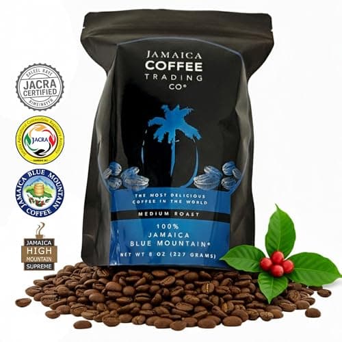 100% Jamaica Blue Mountain Coffee Beans No. 1, 227grams / 8oz - Medium Roast Whole Coffee Bean - 100% Pure Arabica, Small Batch Roasted - JACRA Certified, Low Acidity, Ethically Sourced