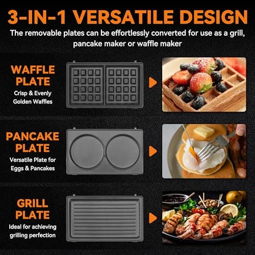 Baker’s Friend 3 in 1 Mini Waffle Maker with Removable Plates, Mini Pancake Maker, Grilled Cheese Maker, Breakfast Sandwich Maker Press, Mini Indoor Grill, Belgian Waffle Maker, Aqua
