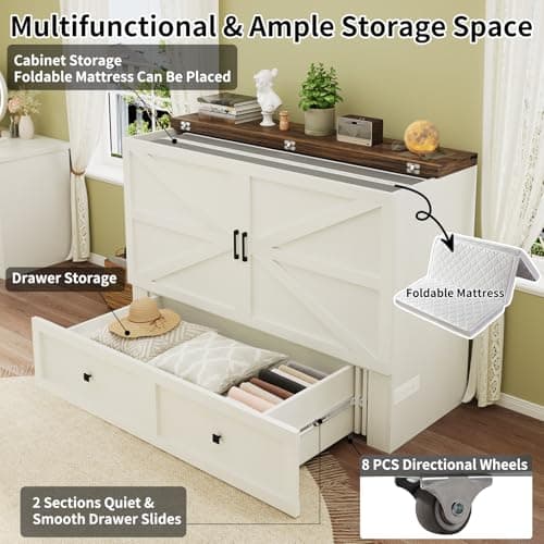 Queen Size Murphy Bed with Charging Station, Cabinet Bed with Large Storage Drawer for Home Office or Small Room, Hideaway Full Foldable Platform Bed, Barnwood+White